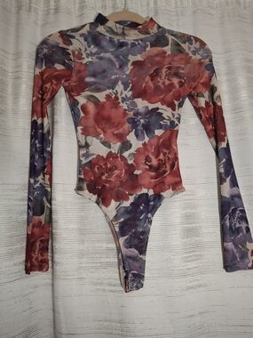 SO Floral Mesh Mock Neck Bodysuit — Red, Purple & Cream XS